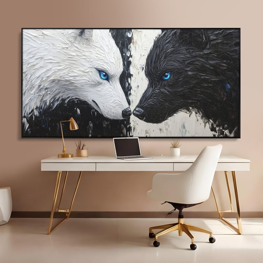 Tablou canvas cu tablou canvas cu doi lupi, in rama de aluminiu negru, pe perete intr-un birou