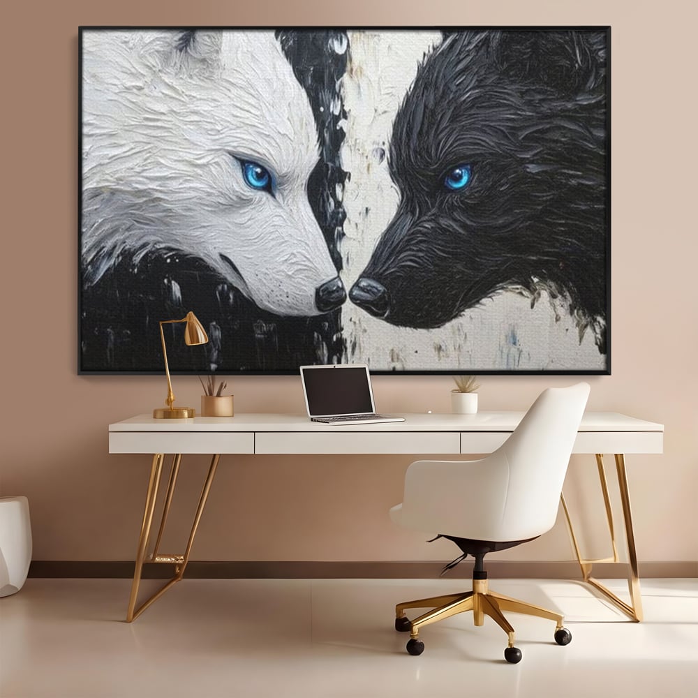 Tablou canvas cu tablou canvas cu doi lupi, in rama de aluminiu negru, pe perete intr-un birou