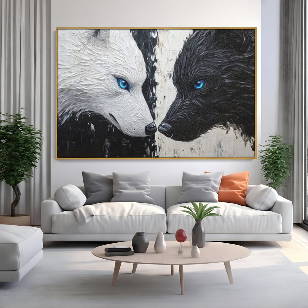 Tablou canvas cu tablou canvas cu doi lupi, in rama de aluminiu auriu, pe perete intr-un living