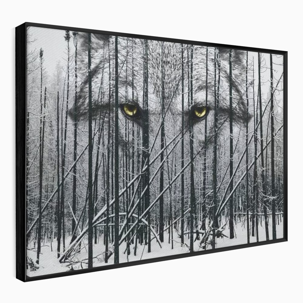 Tablou canvas cu tablou canvas cu ochi de lup si padure iarna, in rama de aluminiu negru