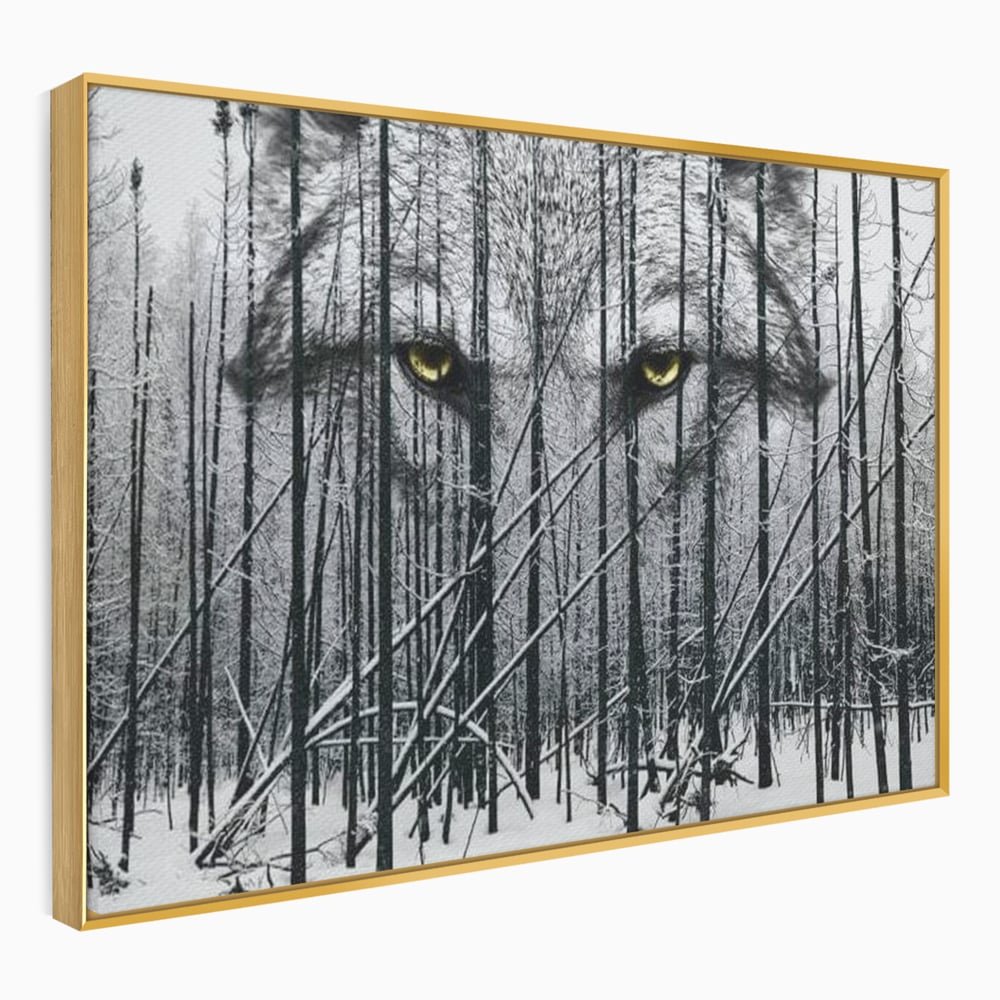 Tablou canvas cu tablou canvas cu ochi de lup si padure iarna, in rama de aluminiu auriu