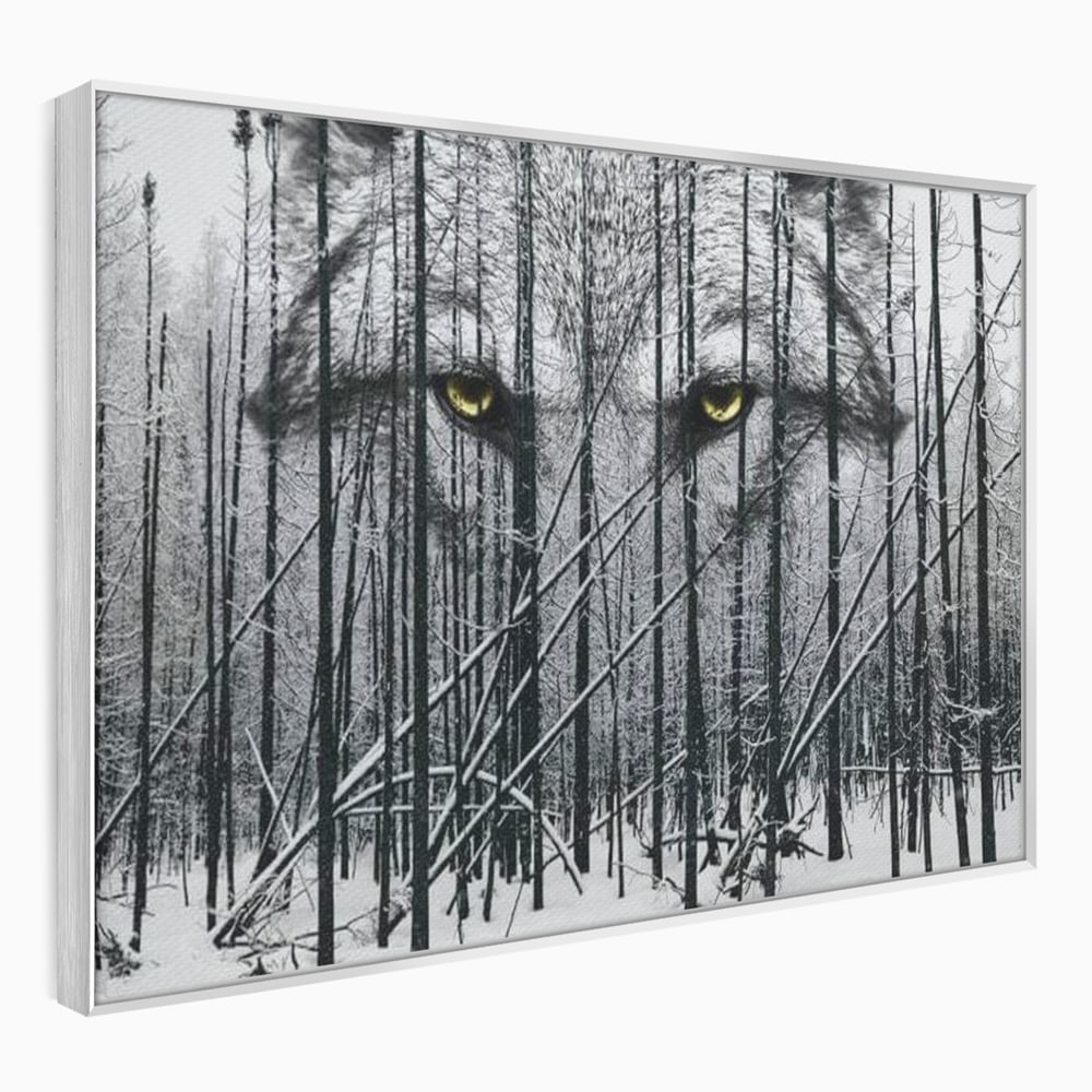 Tablou canvas cu tablou canvas cu ochi de lup si padure iarna, in rama de aluminiu argintiu