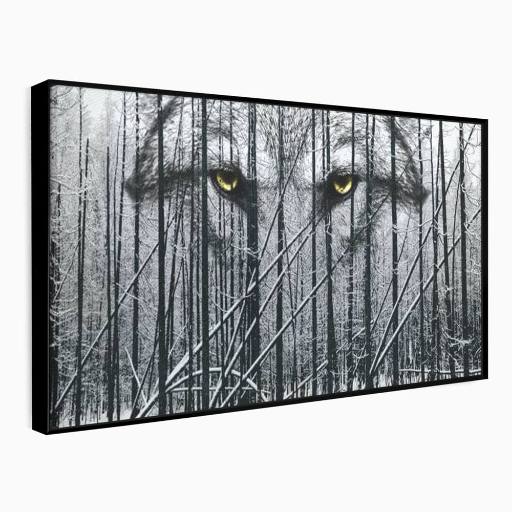 Tablou canvas cu tablou canvas cu ochi de lup si padure iarna, in rama de aluminiu negru