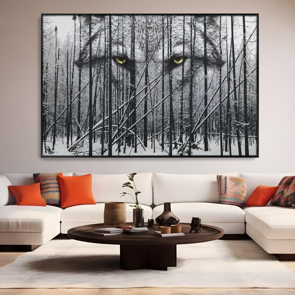 Tablou canvas cu tablou canvas cu ochi de lup si padure iarna, in rama de aluminiu negru, pe perete intr-un living
