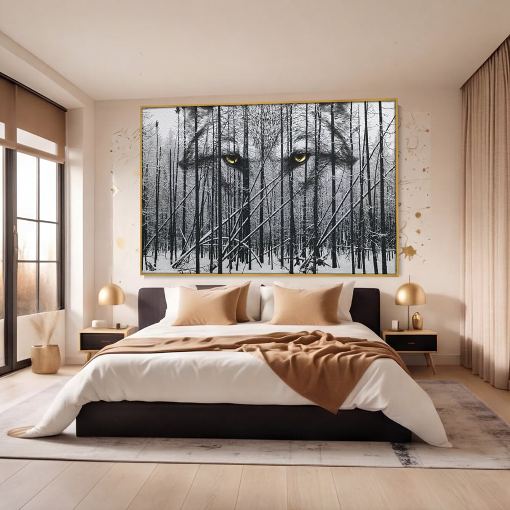Tablou canvas cu tablou canvas cu ochi de lup si padure iarna, in rama de aluminiu auriu, pe perete intr-un dormitor