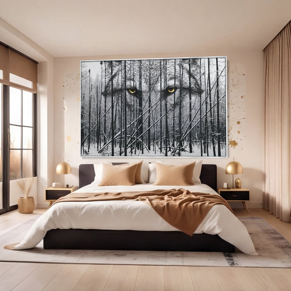 Tablou canvas cu tablou canvas cu ochi de lup si padure iarna, in rama de aluminiu argintiu, pe perete intr-un dormitor