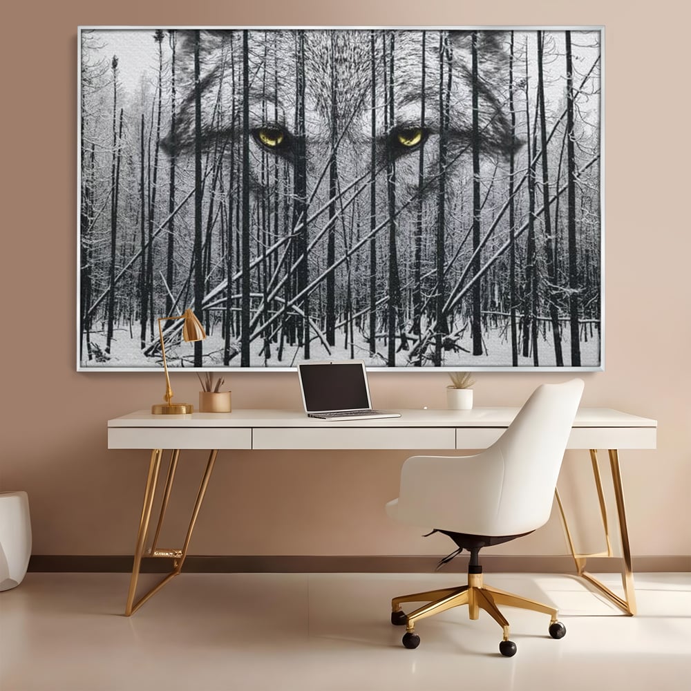 Tablou canvas cu tablou canvas cu ochi de lup si padure iarna, in rama de aluminiu argintiu, pe perete intr-un birou