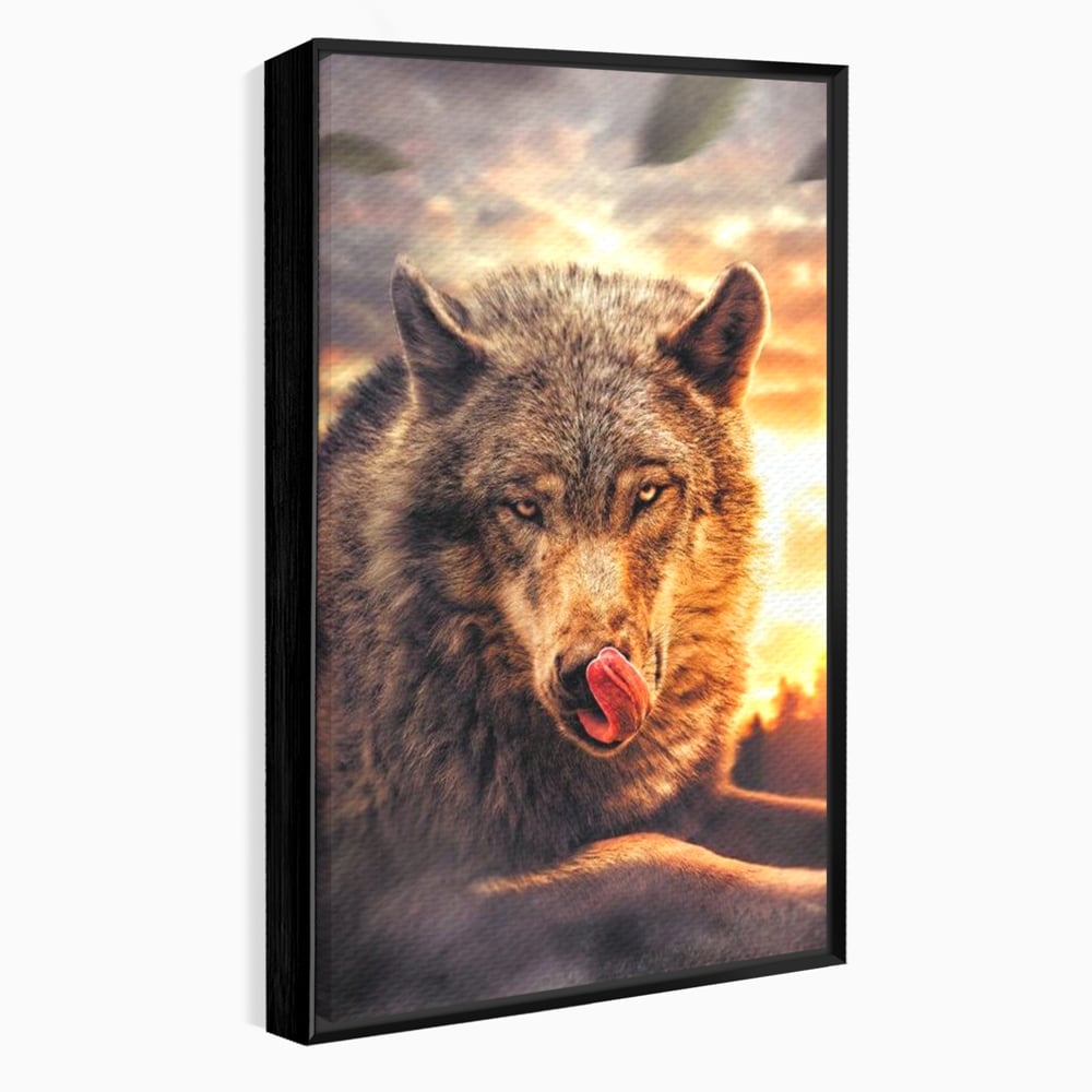 Tablou canvas cu tablou canvas cu lup salbatic la apus, in rama de aluminiu negru