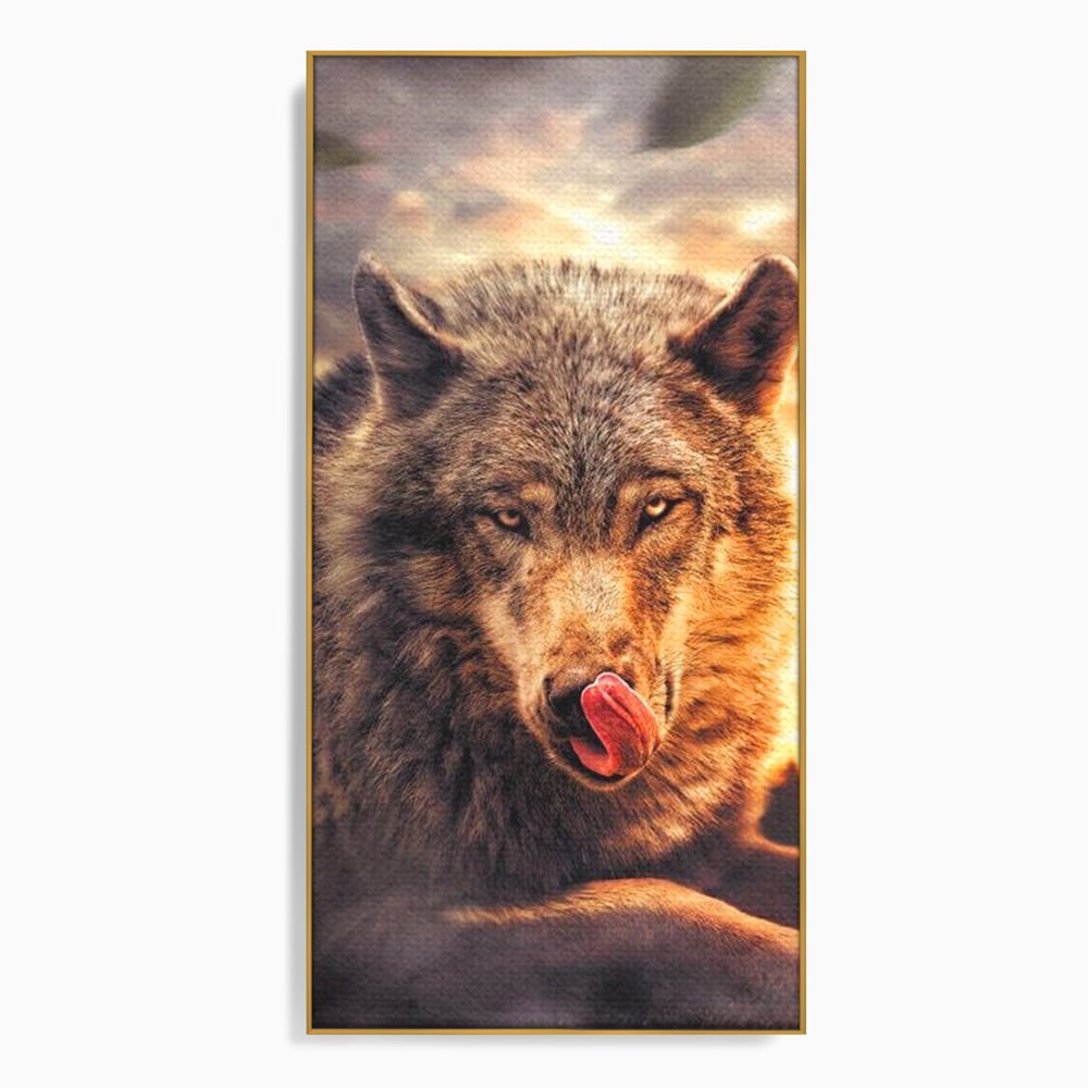 Tablou canvas cu tablou canvas cu lup salbatic la apus, in rama de aluminiu auriu