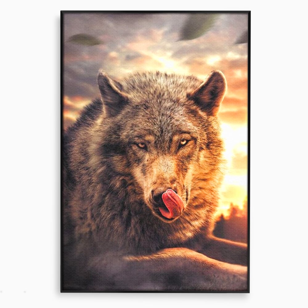 Tablou canvas cu tablou canvas cu lup salbatic la apus, in rama de aluminiu negru