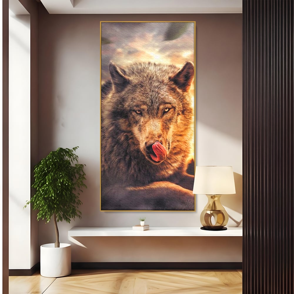 Tablou canvas cu tablou canvas cu lup salbatic la apus, in rama de aluminiu auriu