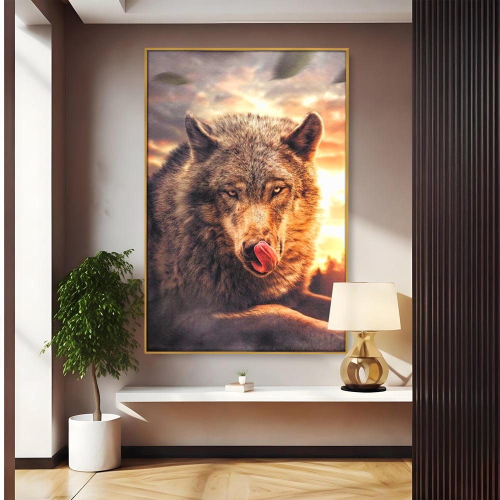 Tablou canvas cu tablou canvas cu lup salbatic la apus, in rama de aluminiu auriu