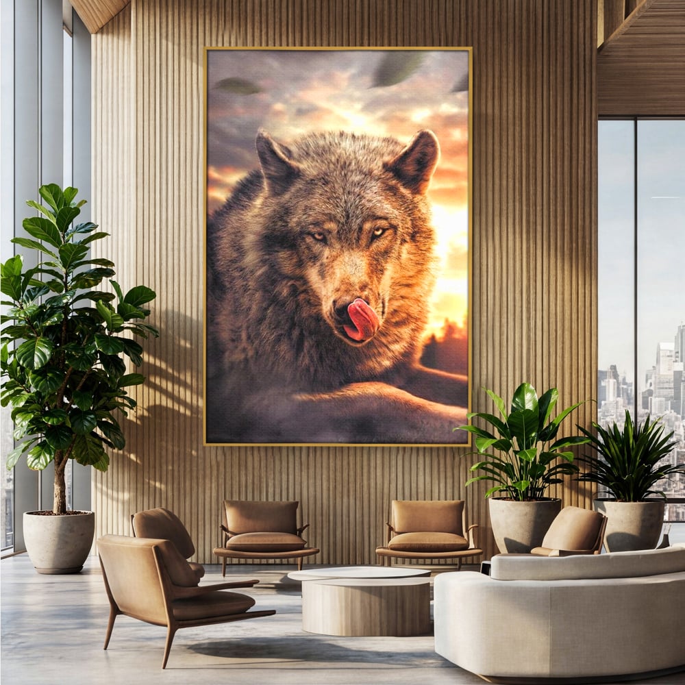 Tablou canvas cu tablou canvas cu lup salbatic la apus, in rama de aluminiu auriu, pe perete intr-un birou