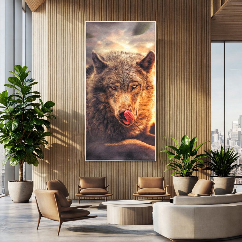 Tablou canvas cu tablou canvas cu lup salbatic la apus, in rama de aluminiu argintiu, pe perete intr-un birou