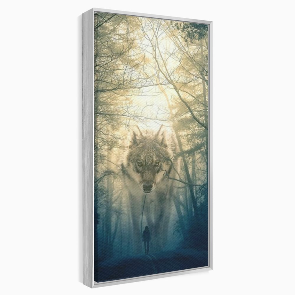 Tablou canvas cu ilustratie digitala cu un lup gigant si o silueta umana, in rama de aluminiu argintiu