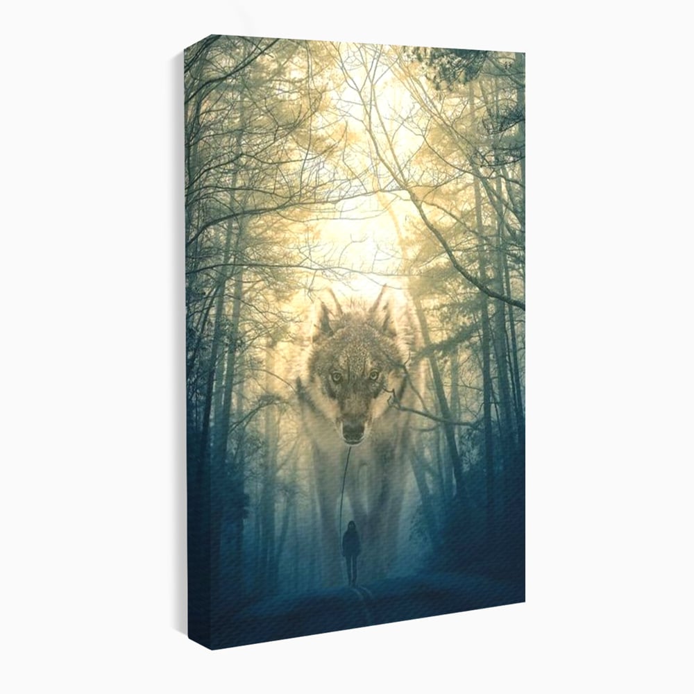 Tablou canvas cu ilustratie digitala cu un lup gigant si o silueta umana, fara rama, pe sasiu de lemn