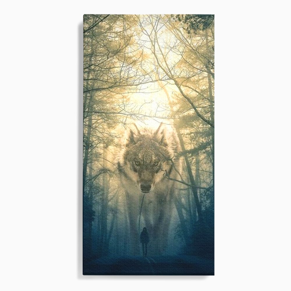 Tablou canvas cu ilustratie digitala cu un lup gigant si o silueta umana, fara rama, pe sasiu de lemn