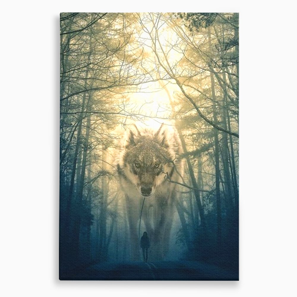 Tablou canvas cu ilustratie digitala cu un lup gigant si o silueta umana, fara rama, pe sasiu de lemn