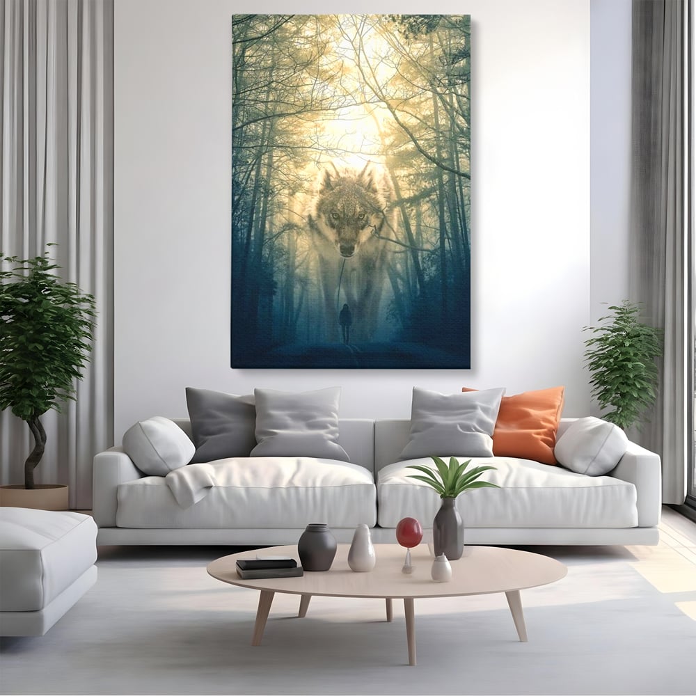Tablou canvas cu ilustratie digitala cu un lup gigant si o silueta umana, fara rama, pe sasiu de lemn, pe perete intr-un living