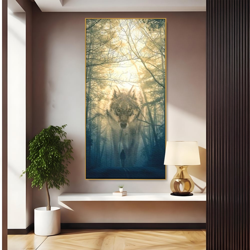 Tablou canvas cu ilustratie digitala cu un lup gigant si o silueta umana, in rama de aluminiu auriu
