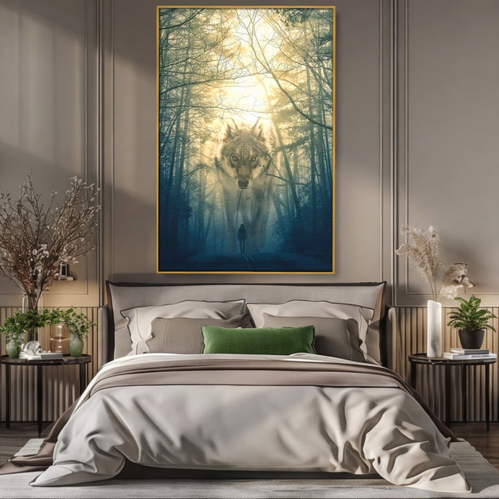 Tablou canvas cu ilustratie digitala cu un lup gigant si o silueta umana, in rama de aluminiu auriu, pe perete intr-un dormitor