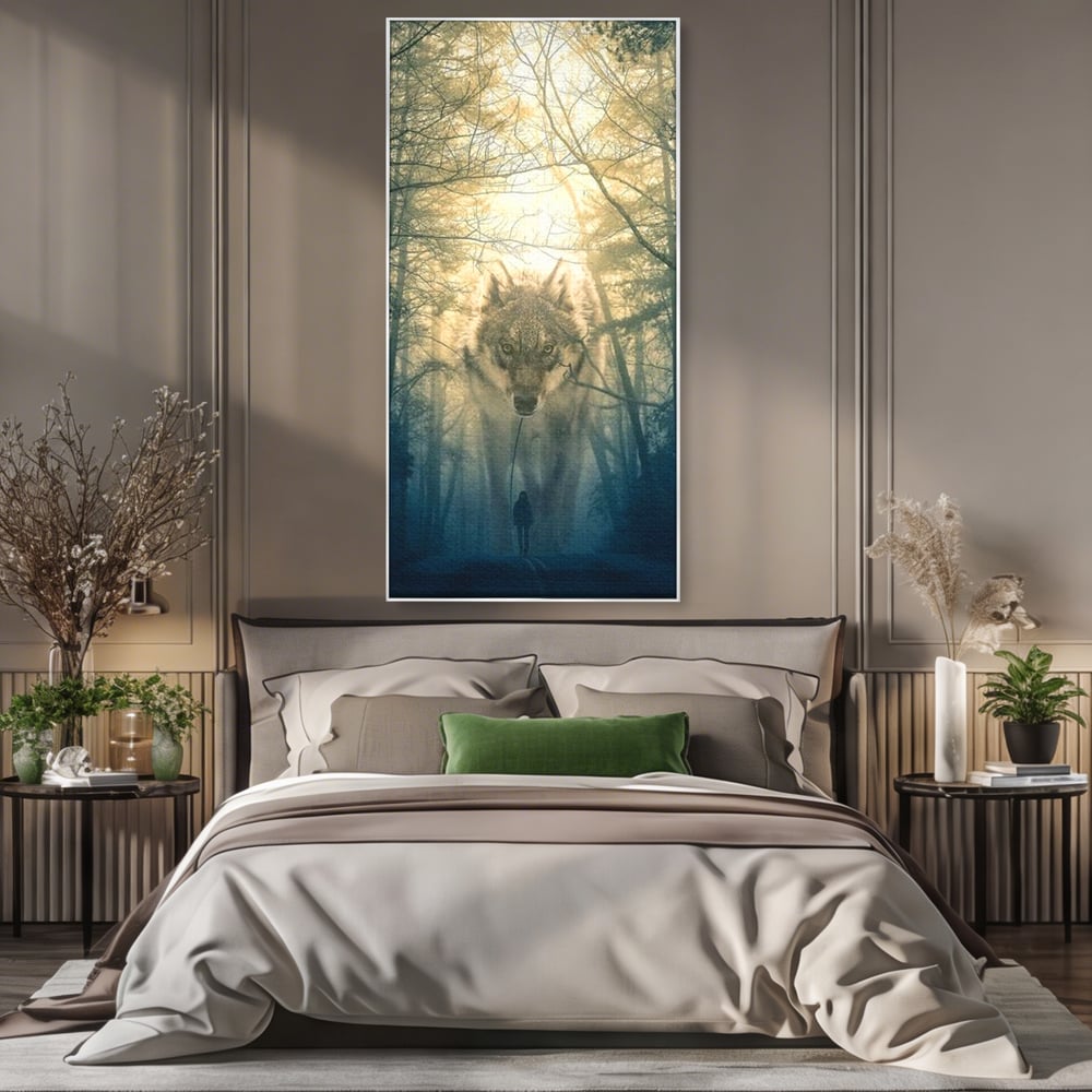 Tablou canvas cu ilustratie digitala cu un lup gigant si o silueta umana, in rama de aluminiu argintiu, pe perete intr-un dormitor