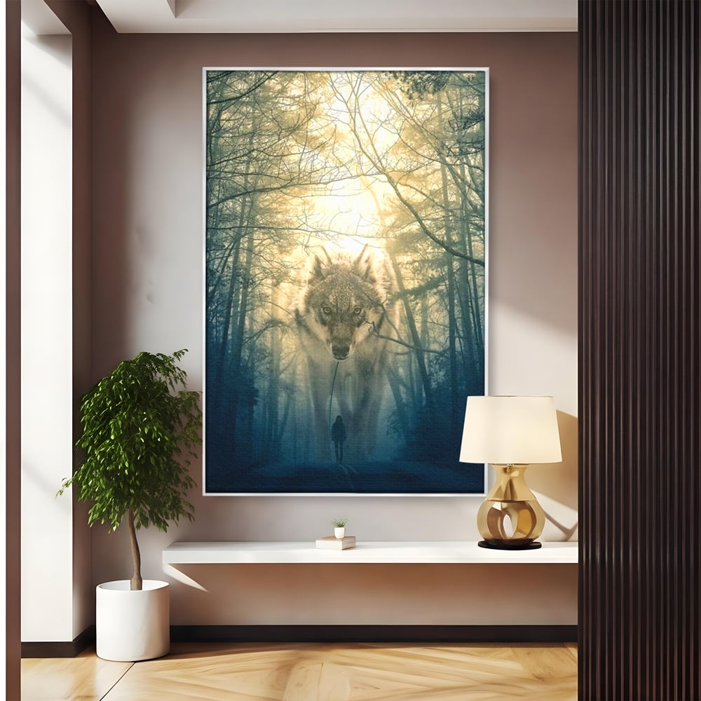 Tablou canvas cu ilustratie digitala cu un lup gigant si o silueta umana, in rama de aluminiu argintiu