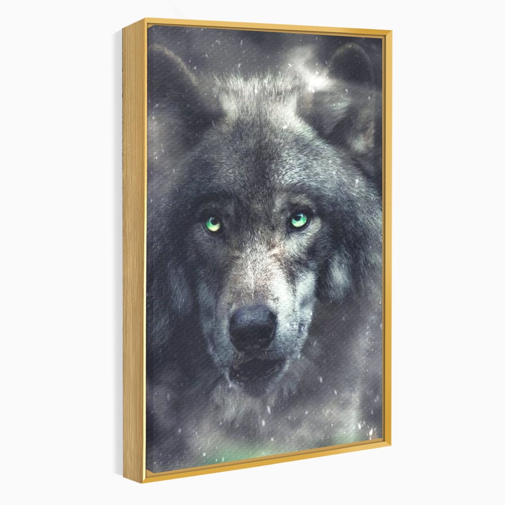 Tablou canvas cu tablou canvas cu cap de lup, in rama de aluminiu auriu
