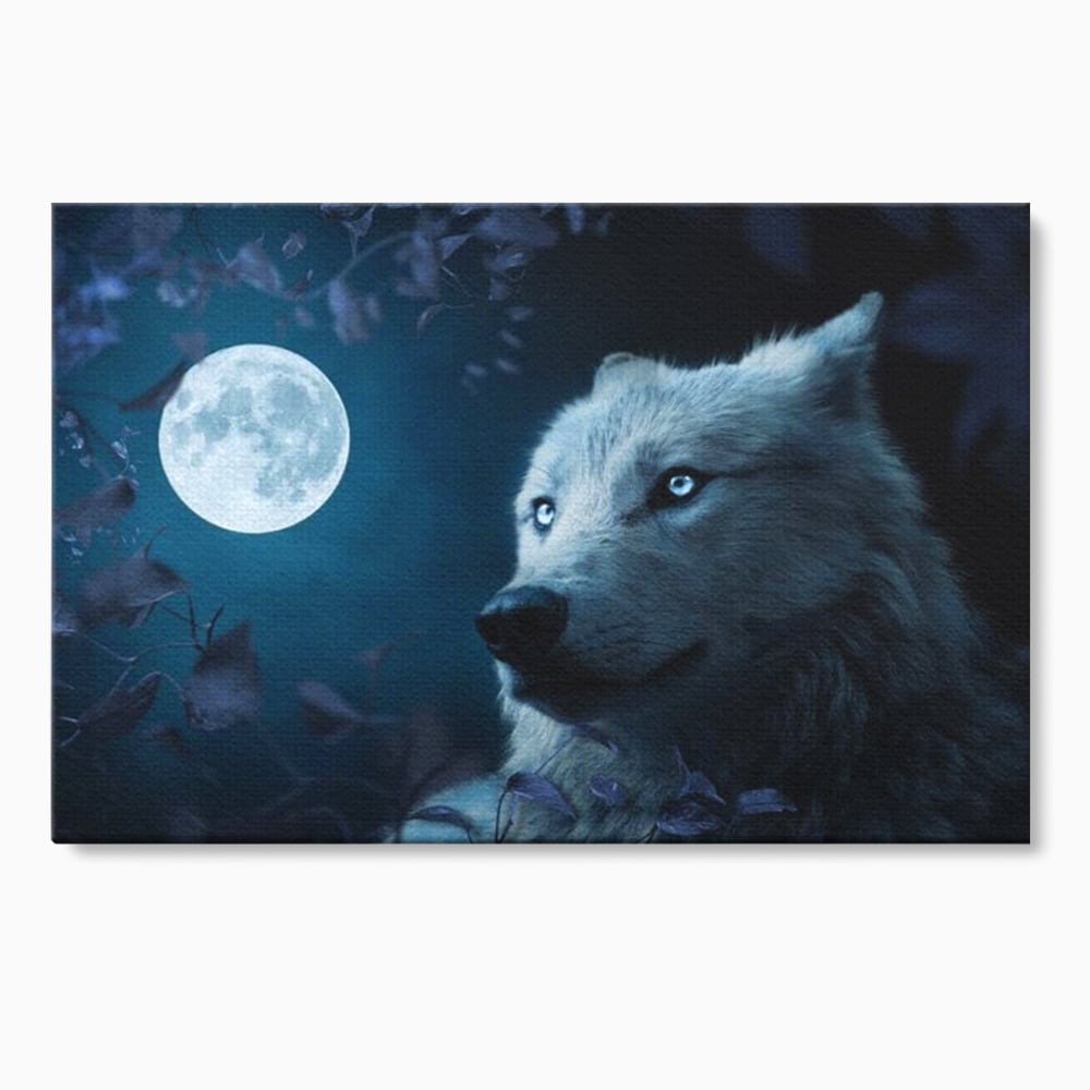 Tablou canvas cu tablou canvas cu lup si luna plina, fara rama, pe sasiu de lemn
