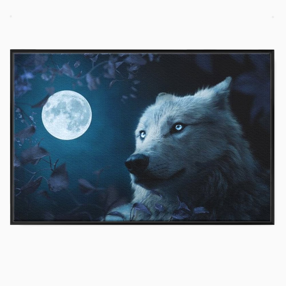 Tablou canvas cu tablou canvas cu lup si luna plina, in rama de aluminiu negru