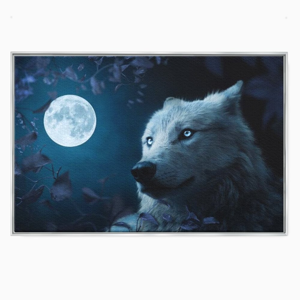Tablou canvas cu tablou canvas cu lup si luna plina, in rama de aluminiu argintiu