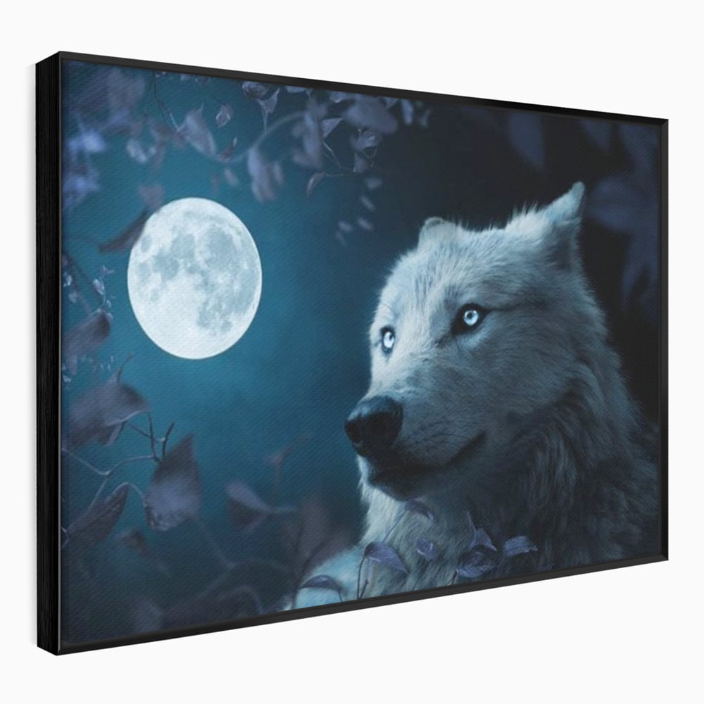 Tablou canvas cu tablou canvas cu lup si luna plina, in rama de aluminiu negru