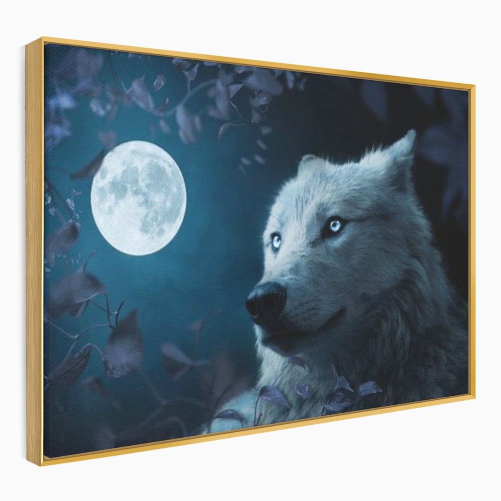 Tablou canvas cu tablou canvas cu lup si luna plina, in rama de aluminiu auriu