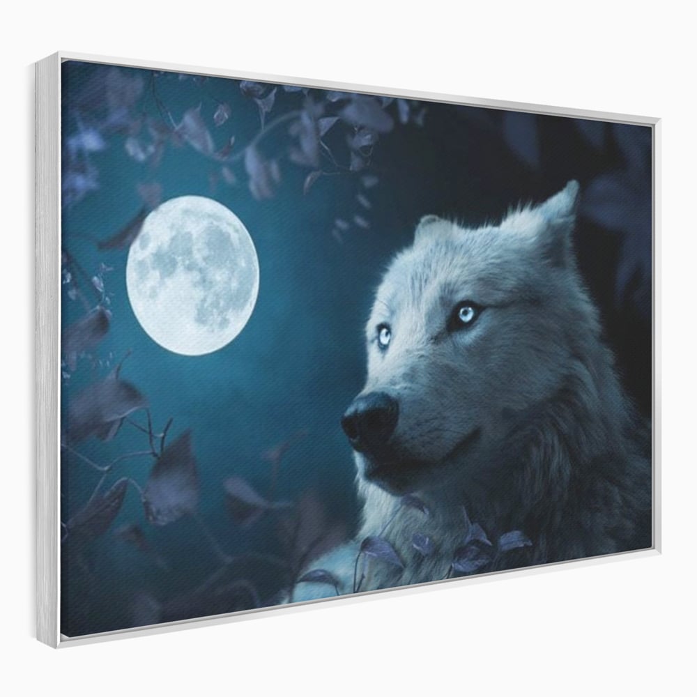 Tablou canvas cu tablou canvas cu lup si luna plina, in rama de aluminiu argintiu