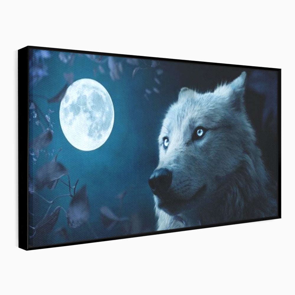 Tablou canvas cu tablou canvas cu lup si luna plina, in rama de aluminiu negru