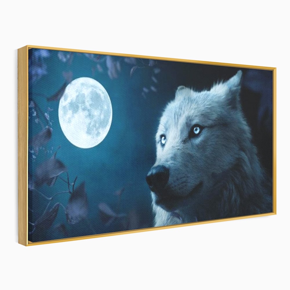 Tablou canvas cu tablou canvas cu lup si luna plina, in rama de aluminiu auriu