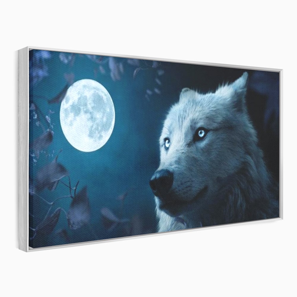 Tablou canvas cu tablou canvas cu lup si luna plina, in rama de aluminiu argintiu