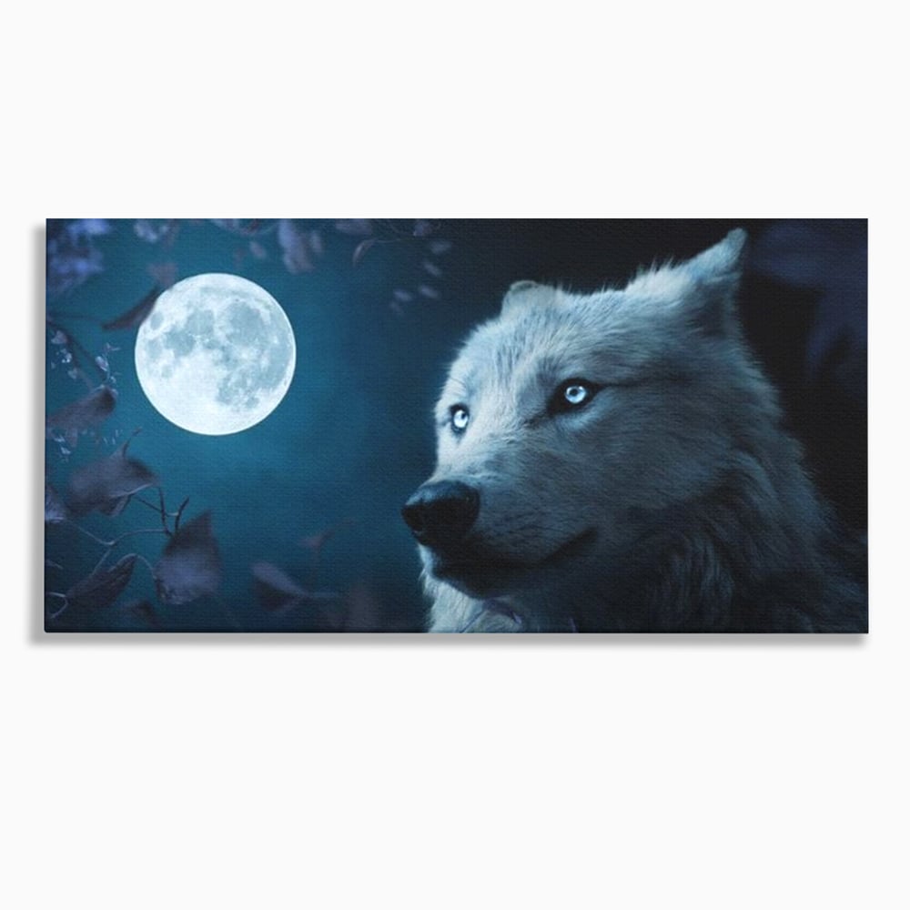 Tablou canvas cu tablou canvas cu lup si luna plina, fara rama, pe sasiu de lemn