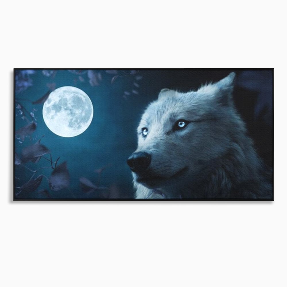 Tablou canvas cu tablou canvas cu lup si luna plina, in rama de aluminiu negru