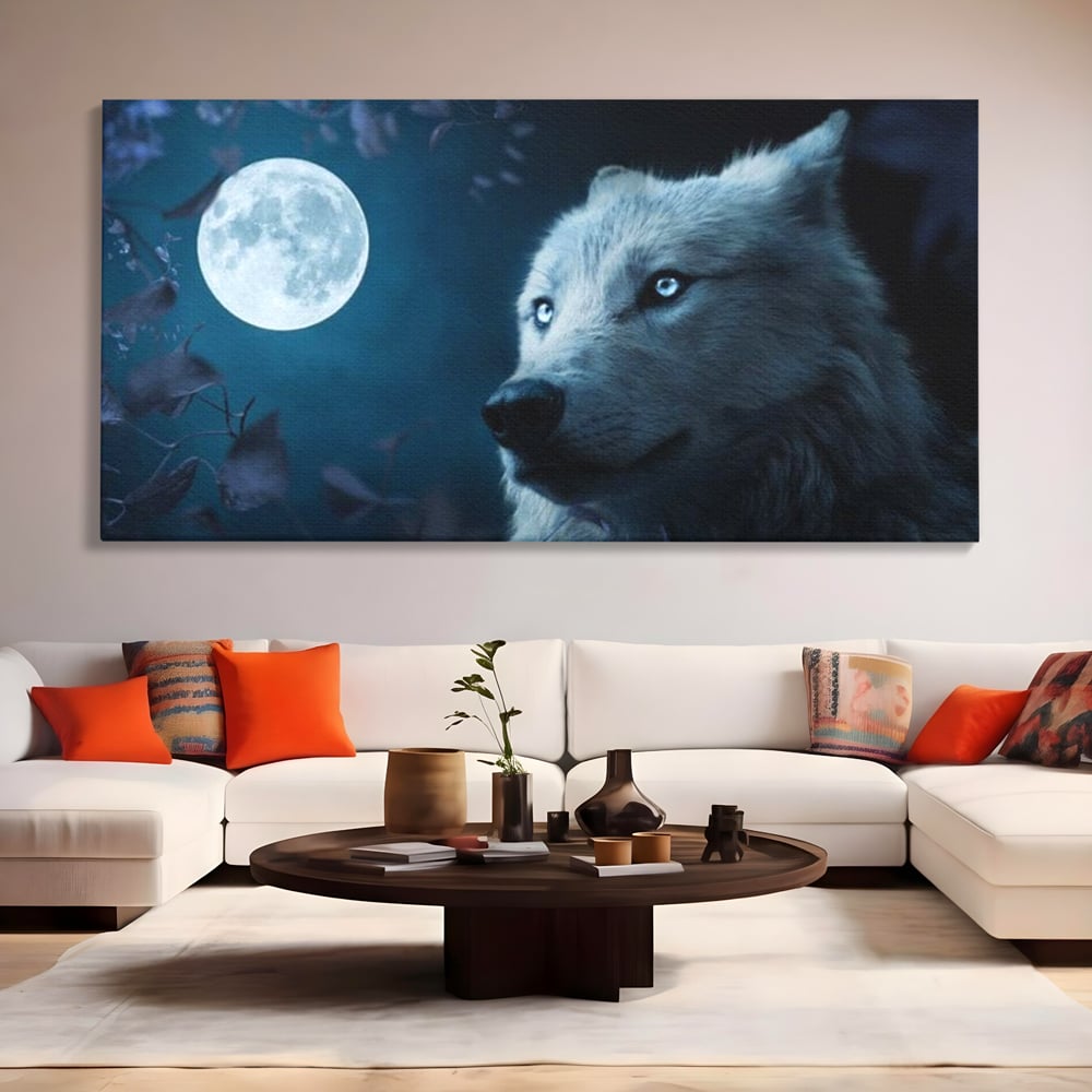 Tablou canvas cu tablou canvas cu lup si luna plina, fara rama, pe sasiu de lemn, pe perete intr-un living
