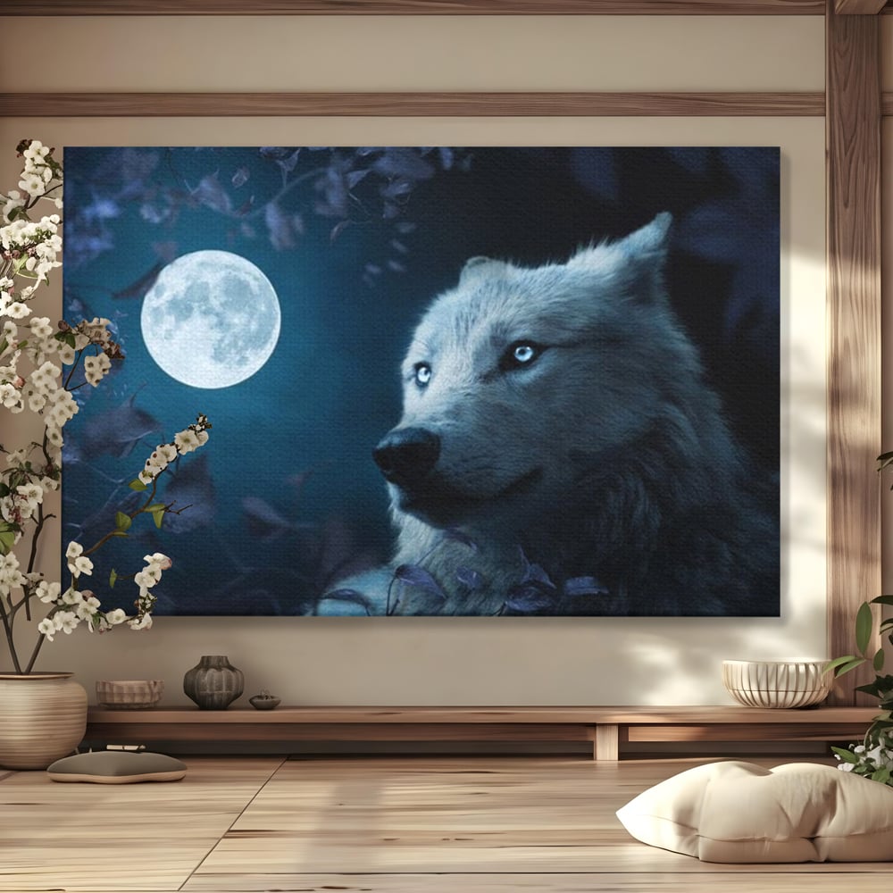 Tablou canvas cu tablou canvas cu lup si luna plina, fara rama, pe sasiu de lemn