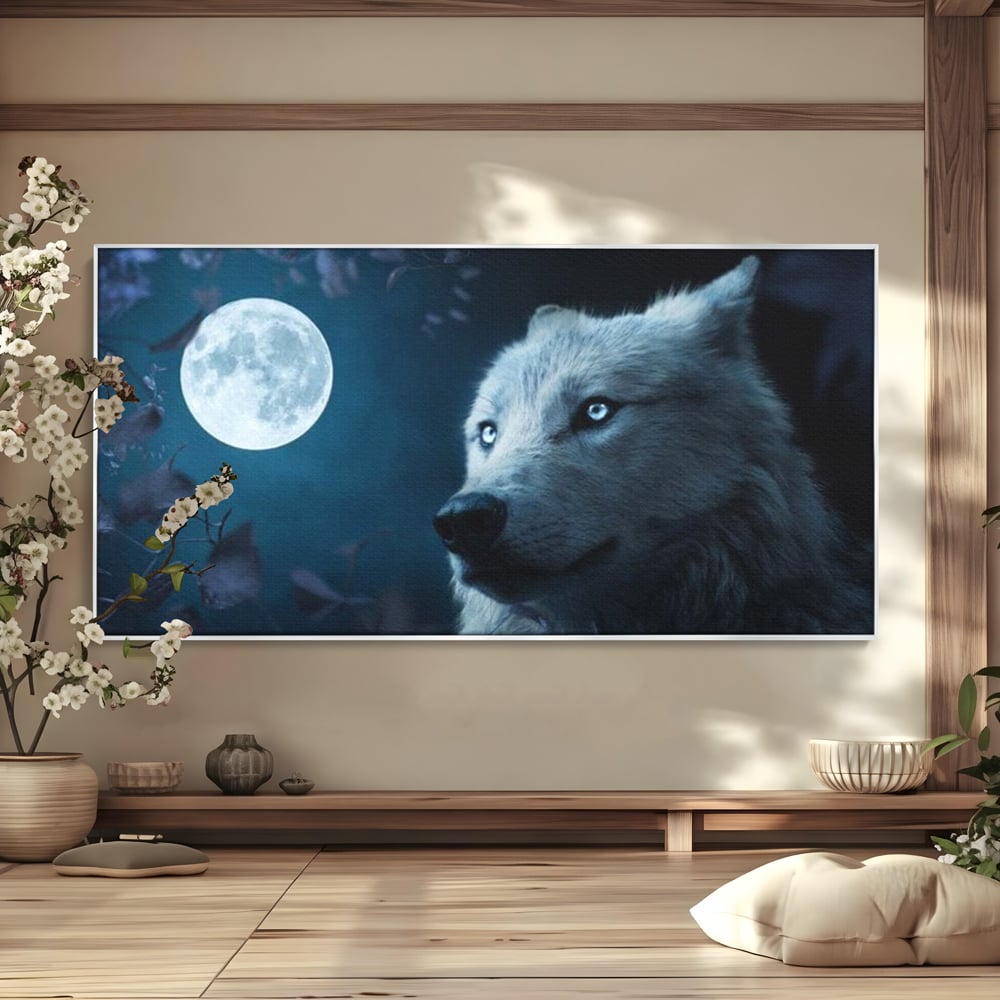 Tablou canvas cu tablou canvas cu lup si luna plina, in rama de aluminiu argintiu