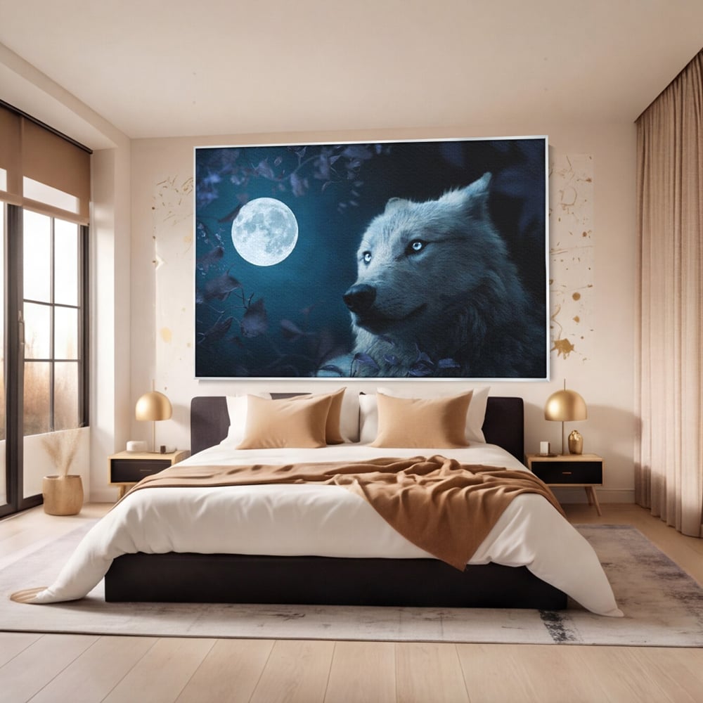 Tablou canvas cu tablou canvas cu lup si luna plina, in rama de aluminiu argintiu, pe perete intr-un dormitor