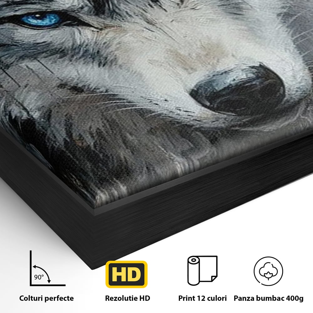 Detaliu al suprafetei: tablou canvas cu portret de lup, in rama de aluminiu negru