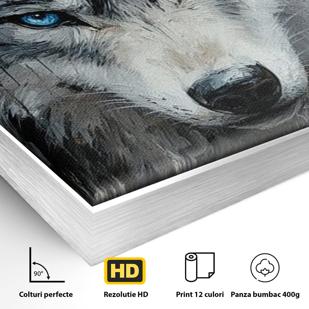 Detaliu al suprafetei: tablou canvas cu portret de lup, in rama de aluminiu argintiu