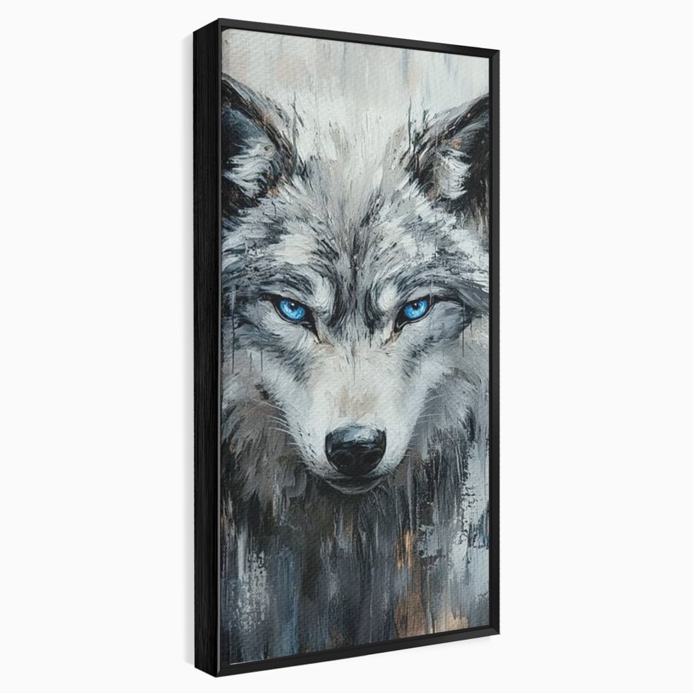 Tablou canvas cu tablou canvas cu portret de lup, in rama de aluminiu negru