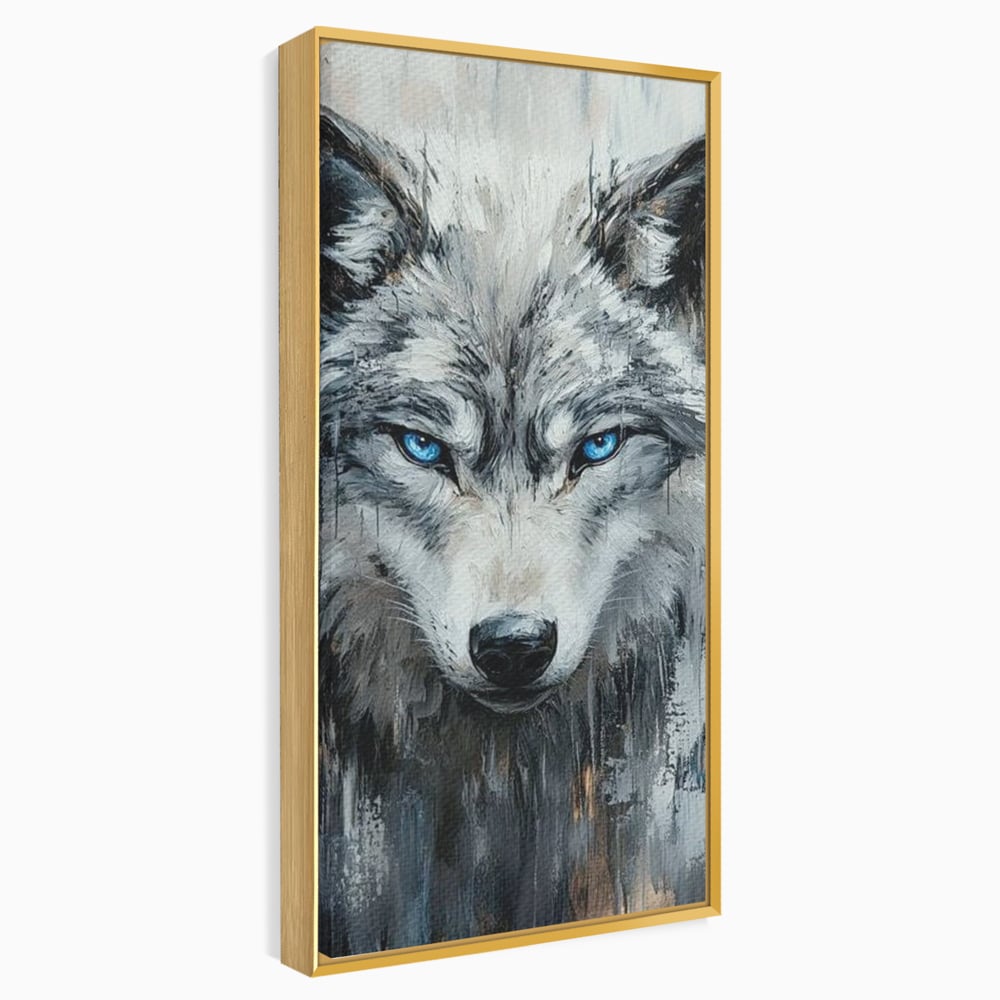 Tablou canvas cu tablou canvas cu portret de lup, in rama de aluminiu auriu