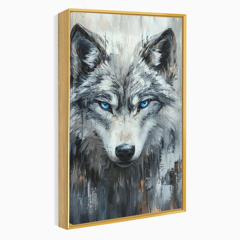 Tablou canvas cu tablou canvas cu portret de lup, in rama de aluminiu auriu