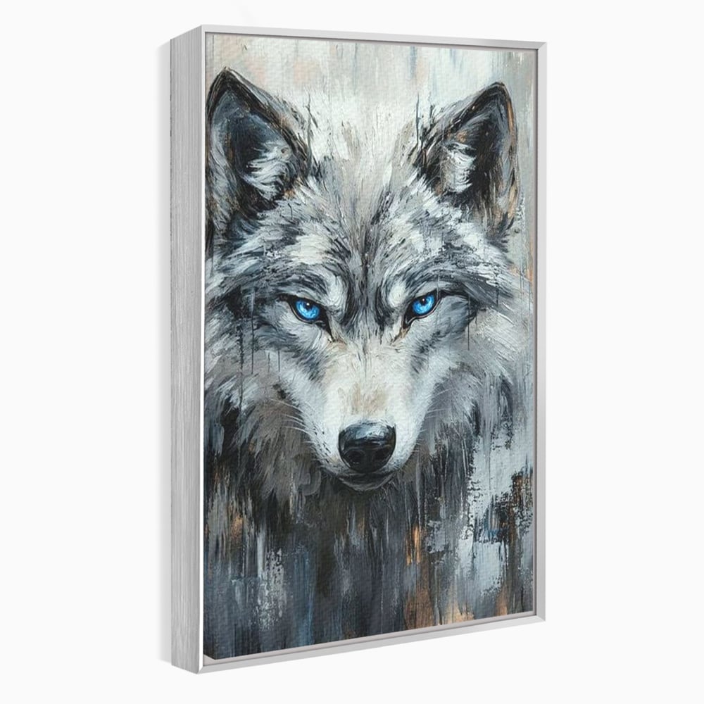 Tablou canvas cu tablou canvas cu portret de lup, in rama de aluminiu argintiu