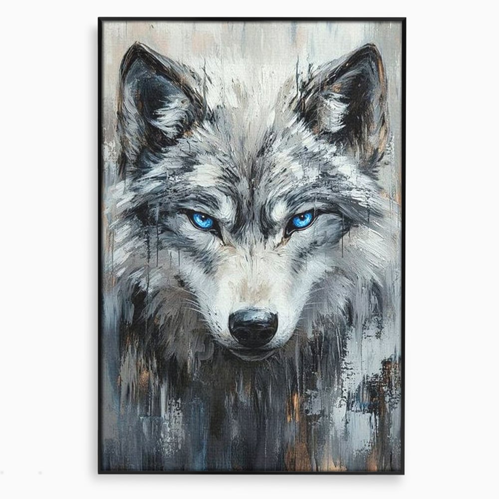 Tablou canvas cu tablou canvas cu portret de lup, in rama de aluminiu negru